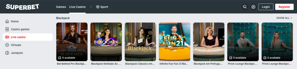 Blackjack no cassino online