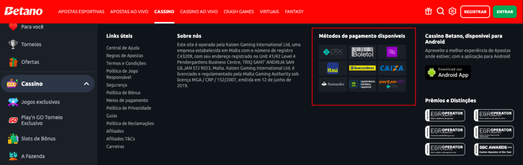 Métodos de pagamento disponíveis em cassino online