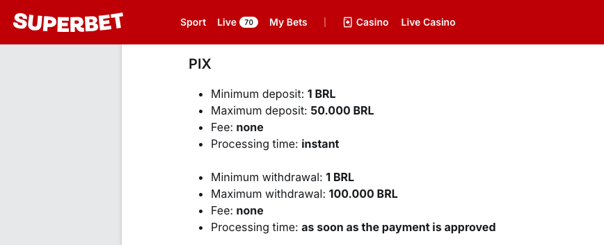 Pagamentos com Pix no Superbet Casiino