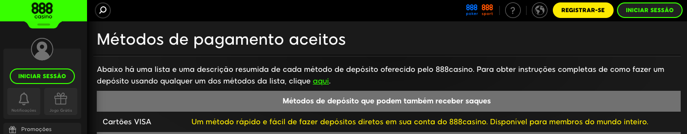 Metodos de pagamento aceitos para 888 Cassino